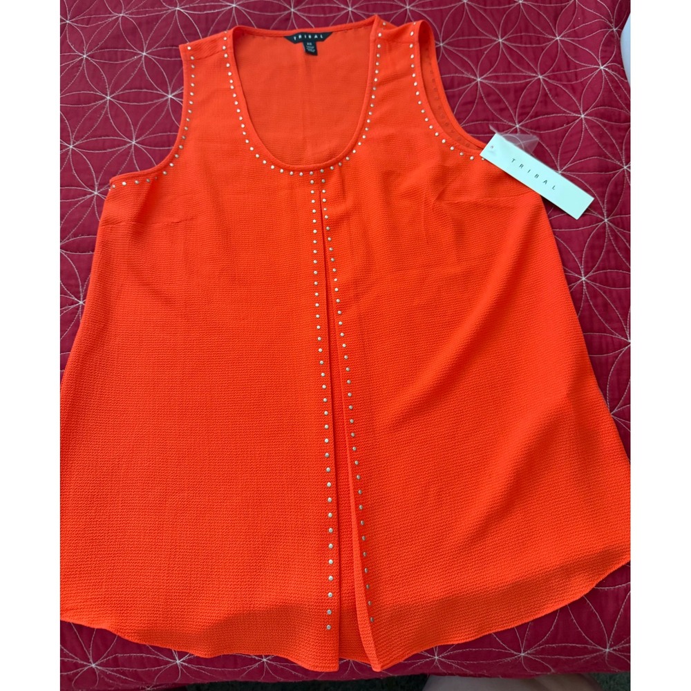 Tribal Womens Orange Studded Sleeveless Scoop Neck Blouse Top NWT Size Small